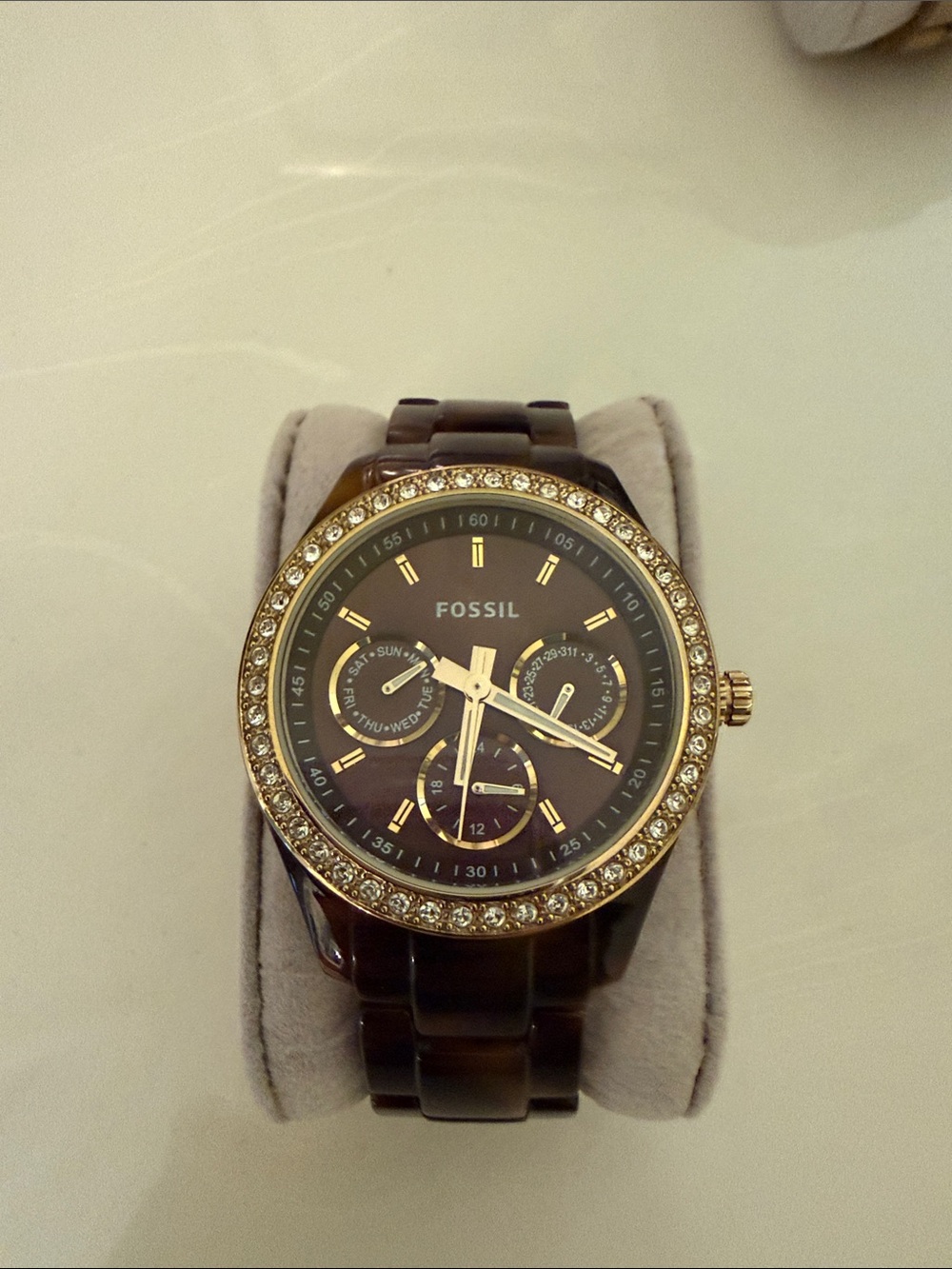 Fossil Brown Tortoiseshell Bracelet Watch with Gold Crystal Bezel